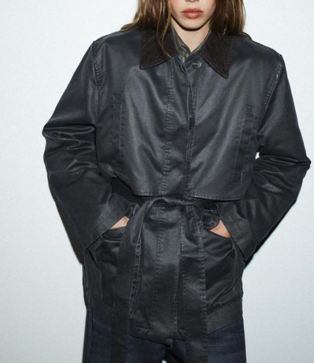 Zara Navy Blue Waxed Corduroy Collar Button-down Jacket Belted Coat Size XXL